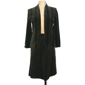 Tan Jay Green Velvet Skirt Suit, Jacket Blazer, Open Front,‎ sz 12, 28 waist